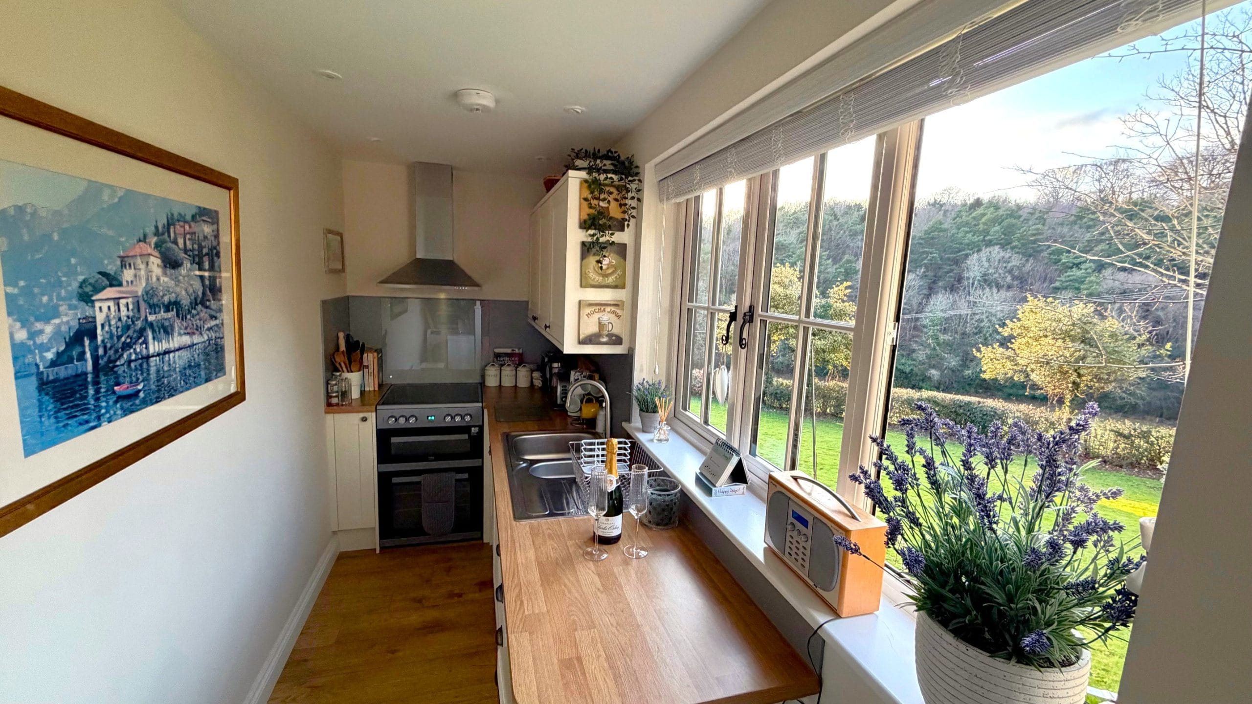 Holiday cottage kitchen with countryside views and breakfast bar
