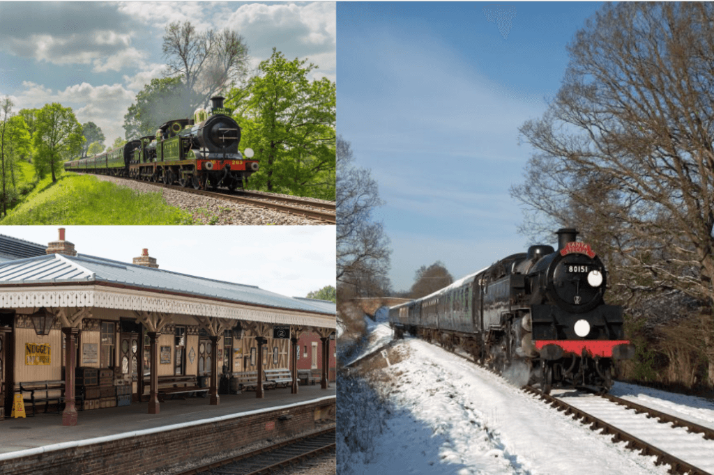 Self-Catering Holiday Cottage Accommodation In Sussex Collage of Bluebell Railway featuring heritage steam trains and a traditional railway station