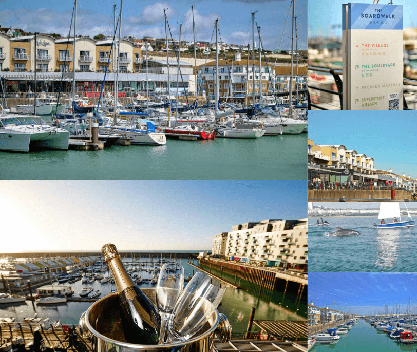 Self-Catering Holiday Cottage Accommodation In Sussex Collage of Brighton Marina featuring boats, waterfront dining, sailing and champagne overlooking the harbour