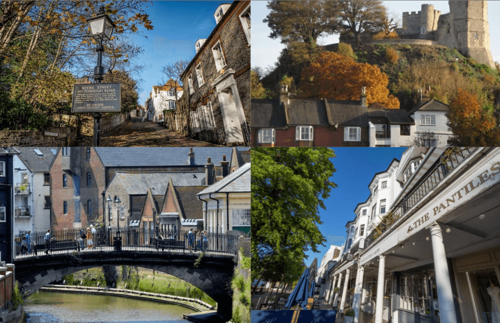 Self-Catering Holiday Cottage Accommodation In Sussex Collage of historic Lewes featuring Keere Street, Lewes Castle, riverside architecture and The Pantiles