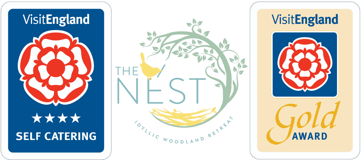 The-Nest-logo-and-accredidations (1) The Nest Idyllic Woodland Retreat logo with VisitEngland four-star self-catering and Gold Award accreditations