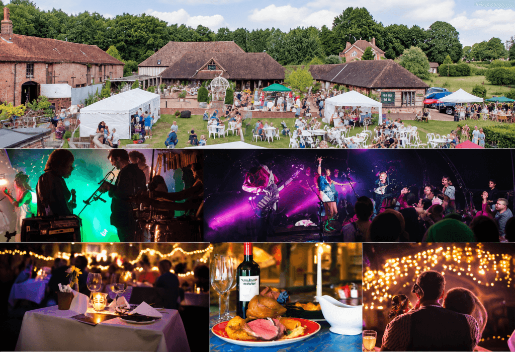 Self-Catering Holiday Cottage Accommodation In Sussex Collage of Trading Boundaries showing live music, dining, outdoor events and the venue grounds
