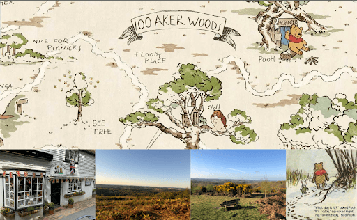 Self-Catering Holiday Cottage Accommodation In Sussex Winnie the Pooh Hundred Acre Wood map with Ashdown Forest landscapes and local village scenes